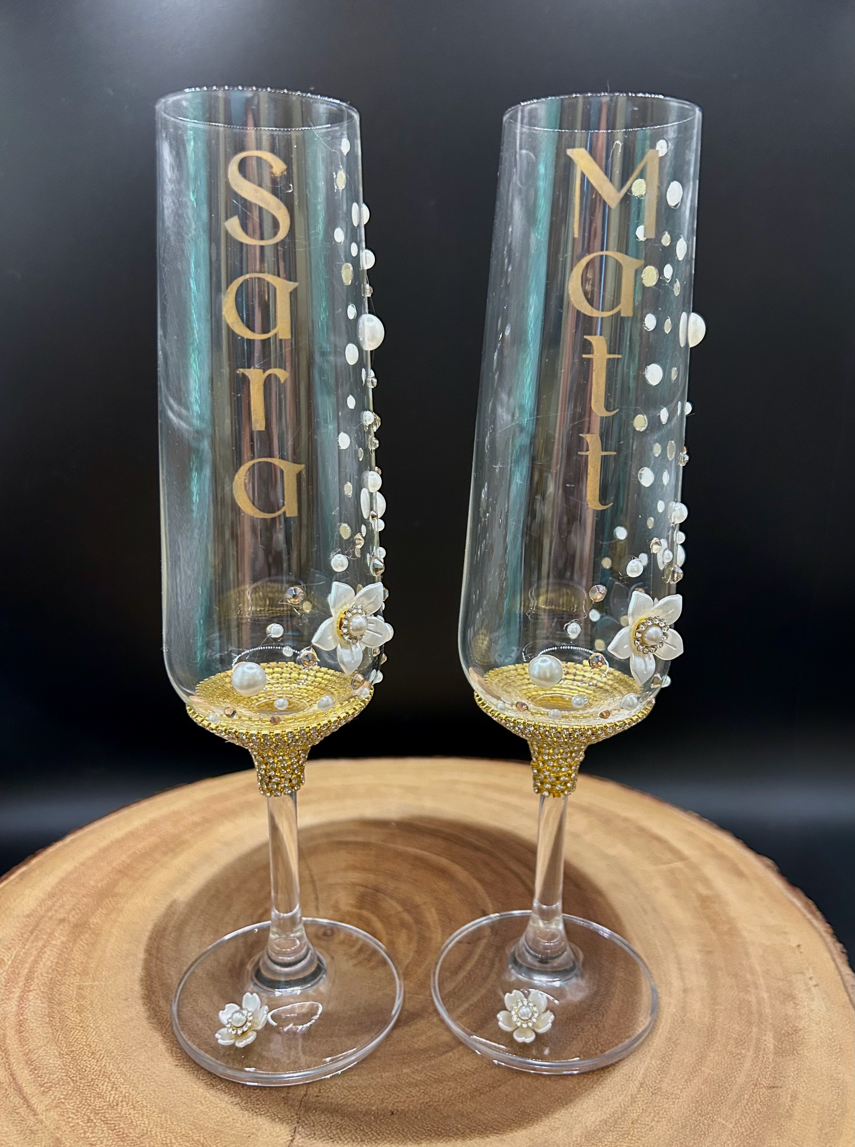 Custom rhinestone champagne flutes Sara and Matt